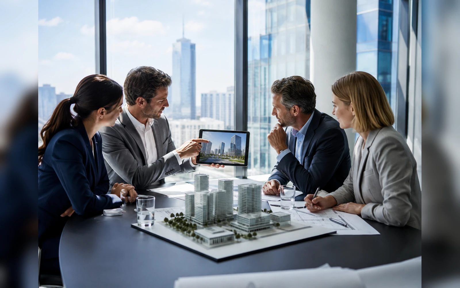 Projektteam bespricht ein Immobilienvorhaben in einem modernen Büro