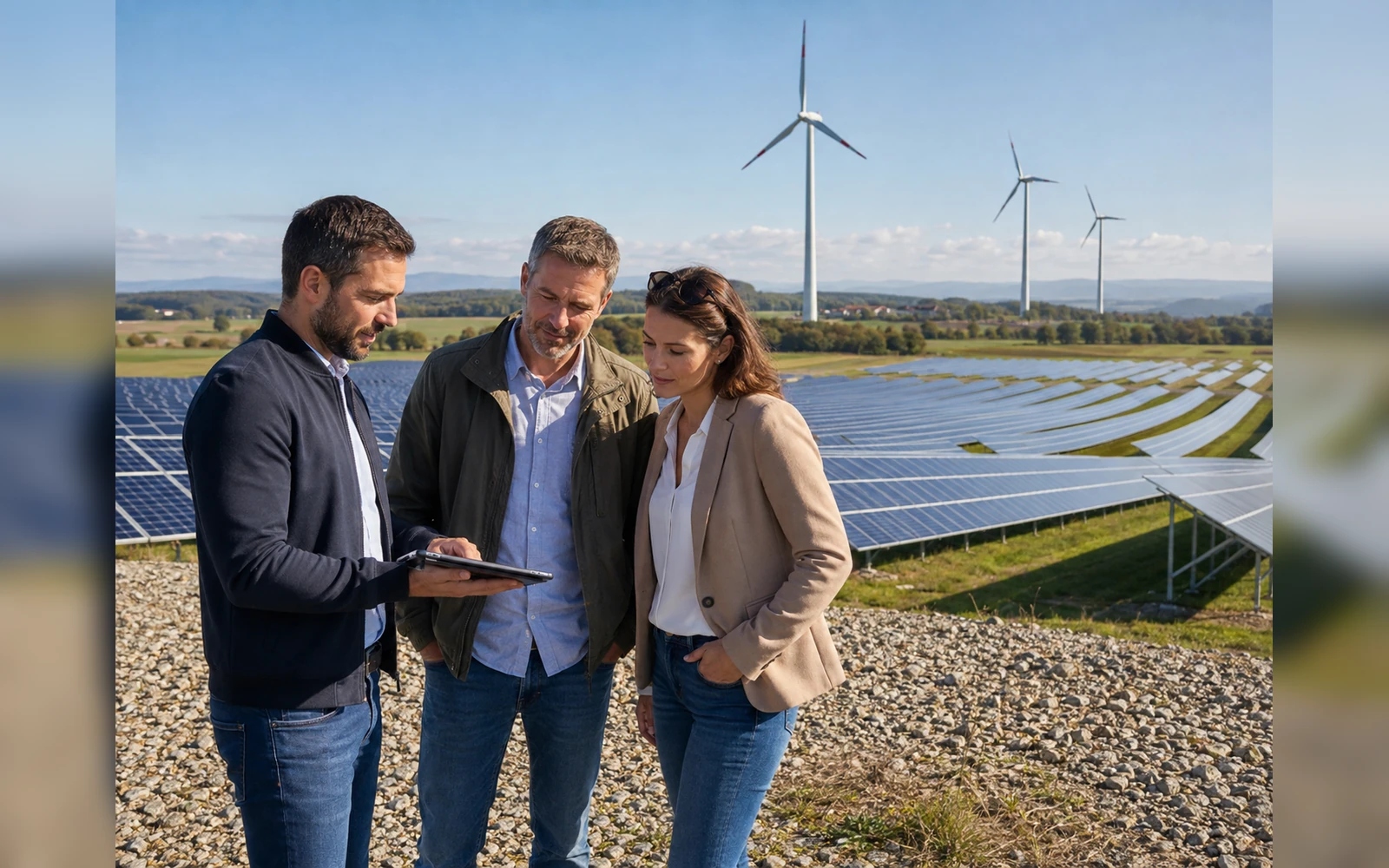 Drei Fachleute bei einem Solarpark mit Windenergieanlagen